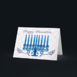 hanukkah vakantiekaart met menorah in blauw en whi feestdagen kaart<br><div class="desc">hanukkah kan de vakantiekaart met menorah in het blauwe en witte Wenskaart van de Chanoeka Menorah in Blauw en Wit,  Menorah gemaakt gebruikend grafische tablet,  bij de onderste twee olijftakken,  Gelukkige Chanoeka,  u dit hebben gepersonaliseerd met namen en familienamen,  enkel de kunstenaarspallet op de kaart voor het verzoek drukken.</div>