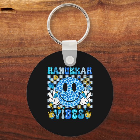 Hanukkah Vibes Groovy Smile Face Jewish Holiday Ch Sleutelhanger (Voorkant)