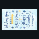 Hanukkah Whimsical Light and Peace Rechthoekige Sticker<br><div class="desc">Een joodse hanukkah-themakaart met een menorah, ster van David en Driedel. In de tekst staat Wishing You Light & Peace Happy Hanukkah. De achtergrond is een lichtblauwe waterverf. Pas dit etiket met een kort bericht aan, worden twee lijnen verstrekt voor verpersoonlijking. Deze etiketten zijn mooi voor cadeautjes. Als u een...</div>