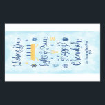 Hanukkah Whimsical Light and Peace Rechthoekige Sticker<br><div class="desc">Een joodse hanukkah-themakaart met een menorah, ster van David en Driedel. In de tekst staat Wishing You Light & Peace Happy Hanukkah. De achtergrond is een lichtblauwe waterverf. Pas dit etiket met een kort bericht aan, worden twee lijnen verstrekt voor verpersoonlijking. Deze etiketten zijn mooi voor cadeautjes. Als u een...</div>