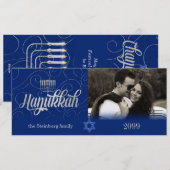 Hanukkah wil Custom Year Blue en Silver Photo Feestdagenkaart (Voorkant / Achterkant)