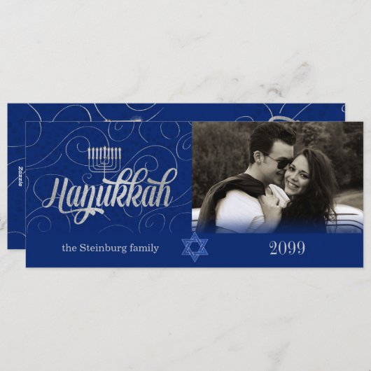 Hanukkah wil Custom Year Blue en Silver Photo Feestdagenkaart (Voorkant / Achterkant)