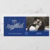 Hanukkah wil Custom Year Blue en Silver Photo Feestdagenkaart (Voorkant)