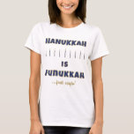 Hanukkah Women's T-Shirt "Hanukkah is Funukkah.."<br><div class="desc">Hanukkah Women's Basic T-Shirt "Hanukkah is Funukkah..Gewoon zeggen" Geniet van dit gouden en blauwe, dunne T-shirt voor vrouwen! Kies uit verschillende stijlen, kleuren en grootten. Bedankt voor het stoppen en winkelen. Veel waardering. Happy Chanukah/Hanukkah!!! Stijl: Vrouwenbasis T-shirt Dit T-shirt heeft een ontspannen vorm die past bij het vrouw. Gemaakt van...</div>