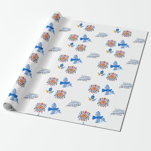 Hanukkah Wrapping Paper – dreidel , floral Cadeaupapier (Uitgerold)