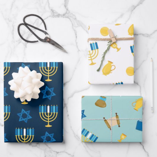 Hanukkah Wrapping Paper Flat Sheet Set van 3 (Voorkant)