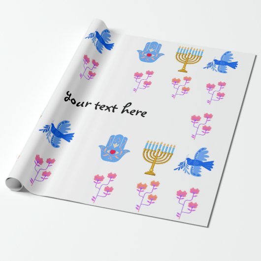 Hanukkah Wrapping Paper – Menorah, Hamsa, Dove Cadeaupapier (Uitgerold)