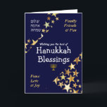 HANUKKAH ZEGENINGEN Vrede Liefde Joy Stars HEBREEU Feestdagen Kaart<br><div class="desc">Stijlvol blauw en goud HANUKKAH WENSKAART om je familie en vrienden een Happy Chanoeka te wensen, waarin staat WENSEN U HET BESTE VAN HANUKKAH ZEGENINGEN in witte typografie met FAMILIE, VRIENDEN & FUN en VREDE, LIEFDE & VREUGDE in goudkleurige typografie in de hoeken. Vrede, liefde, vreugde is ook in het...</div>