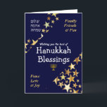 HANUKKAH ZEGENINGEN Vrede Liefde Joy Stars HEBREEU Feestdagen Kaart<br><div class="desc">Stijlvol blauw en goud HANUKKAH WENSKAART om je familie en vrienden een Happy Chanoeka te wensen, waarin staat WENSEN U HET BESTE VAN HANUKKAH ZEGENINGEN in witte typografie met FAMILIE, VRIENDEN & FUN en VREDE, LIEFDE & VREUGDE in goudkleurige typografie in de hoeken. Vrede, liefde, vreugde is ook in het...</div>