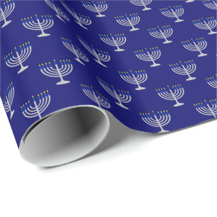 Hanukkah Zilveren Menora op Marineblauw Cadeaupapier