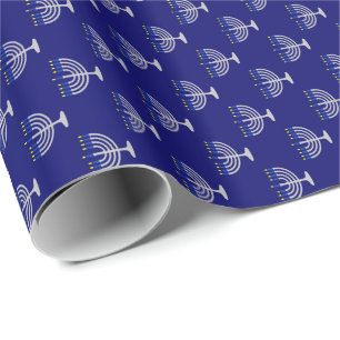 Hanukkah Zilveren Menora op Marineblauw Cadeaupapier