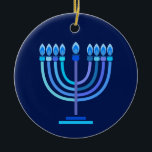 Hanukkiah Happy Hanukkah Jewish Holiday Menorah Keramisch Ornament<br><div class="desc">Hanoekiah-symbool. Happy Hanukkah Party Jewish Holiday Blue Menorah. Jewish Holiday Chanukkah Decoratie met traditioneel Chanoekanesymbool: Navy Blue color hanukkiah menorah, kandlestik met kaarsen, ster van David en neon blue ggloed illusie. Hanukkah Festival of light Event Decoration. Jerusalem, Israël.Home > Decor voor thuis > Kerstdeur > Ornament Judaica Modern Design met...</div>