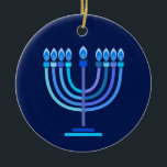 Hanukkiah Happy Hanukkah Jewish Holiday Menorah Keramisch Ornament<br><div class="desc">Hanoekiah-symbool. Happy Hanukkah Party Jewish Holiday Blue Menorah. Jewish Holiday Chanukkah Decoratie met traditioneel Chanoekanesymbool: Navy Blue color hanukkiah menorah, kandlestik met kaarsen, ster van David en neon blue ggloed illusie. Hanukkah Festival of light Event Decoration. Jerusalem, Israël.Home > Decor voor thuis > Kerstdeur > Ornament Judaica Modern Design met...</div>