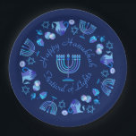 Hanukkiah Happy Hanukkah Jewish Holiday Menorah Papieren Bordje<br><div class="desc">Hanoekiah-symbool. Happy Hanukkah Party Jewish Holiday Blue Menorah. Jewish Holiday Chanukkah Decoratie met traditioneel Chanoekanesymbool: Navy Blue color hanukkiah menorah, kandlestik met kaarsen, ster van David en neon blue ggloed illusie. Hanukkah Festival of light Event Decoration. Jeruzalem, Israël. Kunstwerk en partijbenodigdheden > partijbenodigdheden > Tafelgerei > Papier en partijmateriaal. Borden....</div>