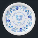 Hanukkiah Happy Hanukkah Jewish Holiday Menorah Papieren Bordje<br><div class="desc">Hanoekiah-symbool. Happy Hanukkah Party Jewish Holiday Blue Menorah. Jewish Holiday Chanukkah Decoratie met traditioneel Chanoekanesymbool: Navy Blue color hanukkiah menorah, kandlestik met kaarsen, ster van David en neon blue ggloed illusie. Hanukkah Festival of light Event Decoration. Jeruzalem, Israël. Kunstwerk en partijbenodigdheden > partijbenodigdheden > Tafelgerei > Papier en partijmateriaal. Borden....</div>