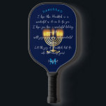 Hanukkiah Happy Hanukkah Jewish Holiday Menorah Pickleball Paddle<br><div class="desc">Hanukkiah Menorah Symbol met Monogram. Happy Hanukkah Party Jewish Holiday Hanukkiah. De joodse Holiday Chanukkah Decoratie met het traditionele Chanukah decoratieve symbool - hanukkiah menorah, candlestick met kaarsen, ster van David en draaiende top, donuteert Navy Blue kleurenpatroon illustratie. Hanukkah Festival of light Event Decoration. Jeruzalem, Israël. Sport, speelgoed & games...</div>