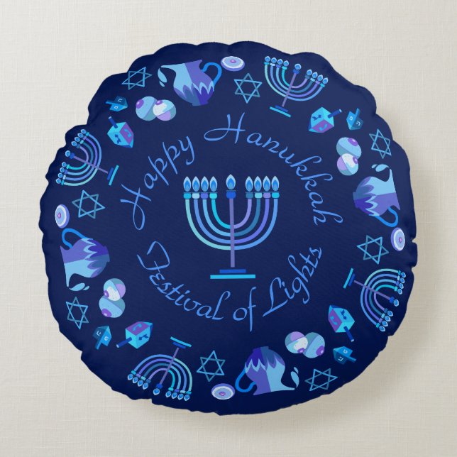 Hanukkiah Happy Hanukkah Jewish Holiday Menorah Rond Kussen (Voorkant)