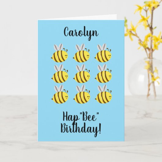 HapBee Birthday, leuke bijen gepersonaliseerde ver Kaart (Gele Bloem)