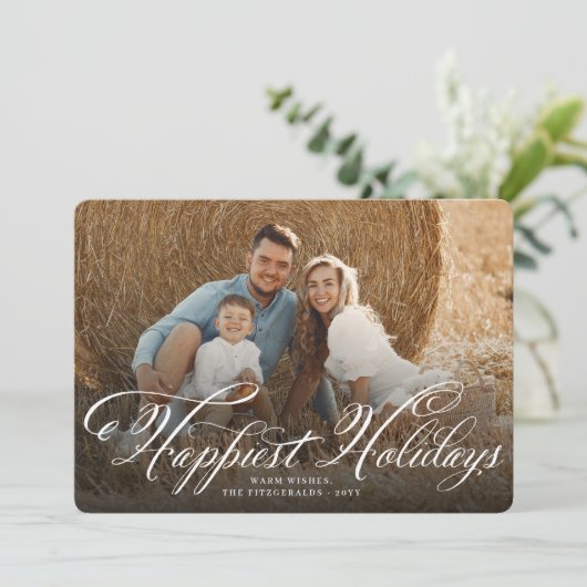 Happiest Feestdagen Fancy Wit Script Classic Foto Feestdagenkaart (Staand voorkant)
