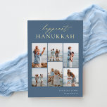 Happiest Hanukkah Elegant 6 Photo Collage Folie Feestdagenkaart<br><div class="desc">Share cheer with these modern Hanukkah holiday cards featuring 6 of your favorite photos in a grid collage layout. "Happiest Hanukkah" appears at the top in gold foil hand lettered calligraphy and classic serif lettering on a dusty slate blue background. Personalize with your family name and the year at the...</div>