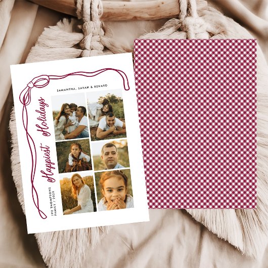 Happiest Holidays Bow Family 6 Photos Plaid Feestdagenkaart