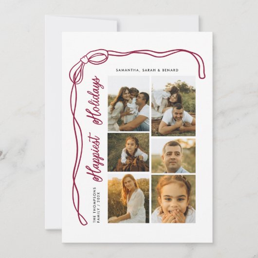 Happiest Holidays Bow Family 6 Photos Plaid Feestdagenkaart (Voorkant)
