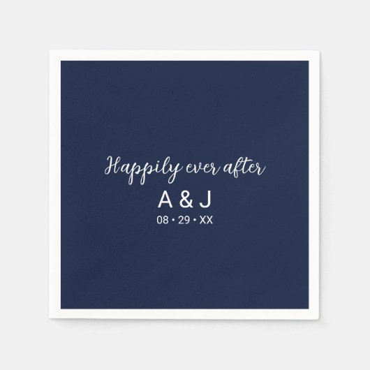 Happily Ever After Blauw Witte Monogram Bruiloft Servet (Voorkant)