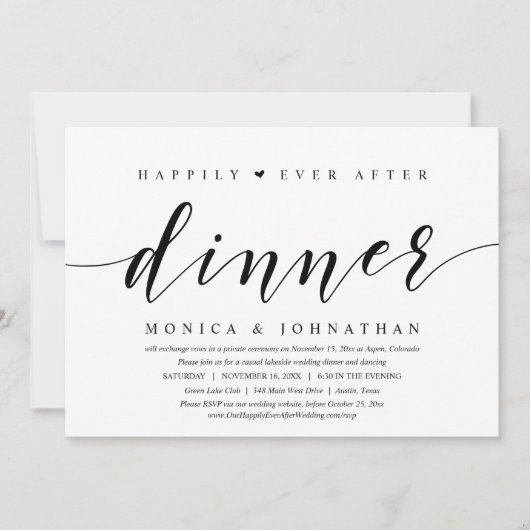 Happily Ever After Dinner, Trouw Elopement Feest Kaart (Voorkant)