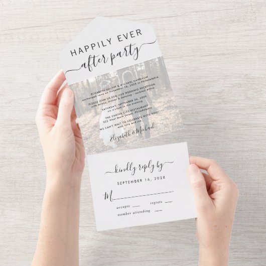 Happily Ever After Feest Foto Bruiloftsreceptie All In One Uitnodiging (Afscheurbaar)