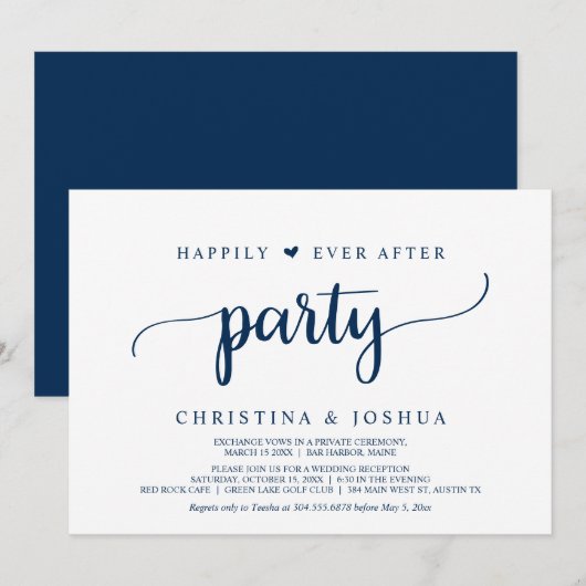 Happily Ever After Feest, Navy Blue Wegloopbruilof Kaart (Voorkant / Achterkant)