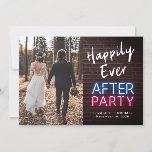 Happily Ever After Feest Neonlichten Foto Bruiloft Aankondiging (Voorkant)