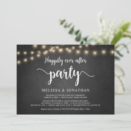 Happily Ever After-feest, String Lights Elopement Kaart (Staand voorkant)