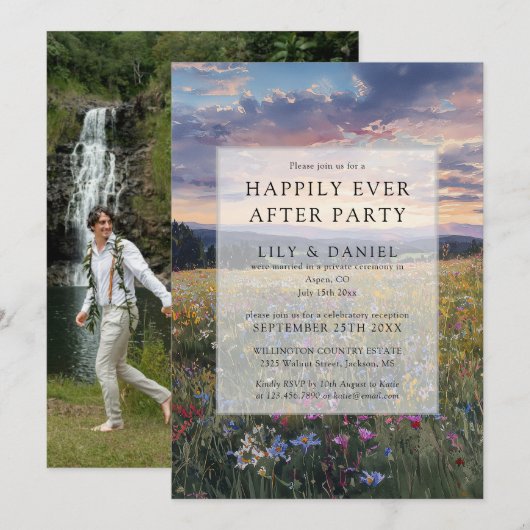 Happily Ever After Floral Wildflower Wedding Photo Kaart (Voorkant / Achterkant)