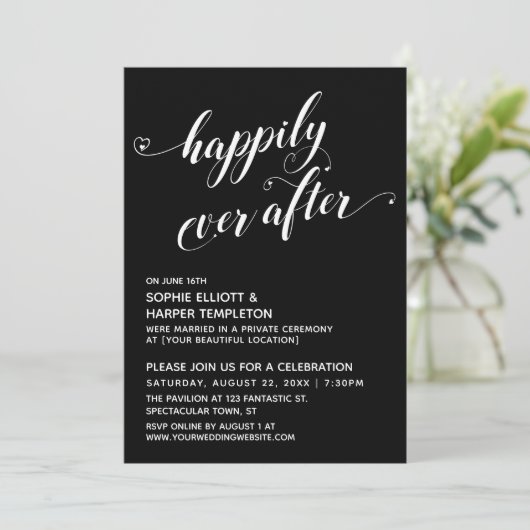 Happily Ever After Hartenscript Zwart Reception Kaart (Staand voorkant)