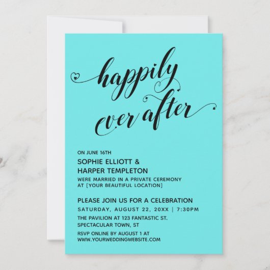 Happily Ever After Hearts Script Aqua Receptie Kaart (Voorkant)