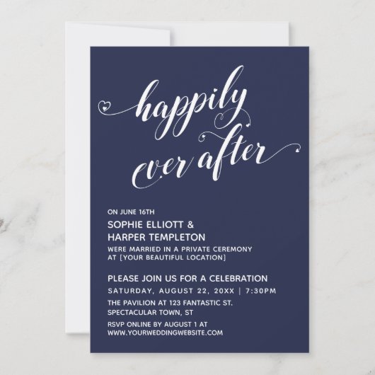 Happily Ever After Hearts Script Navy Bruiloft Rec Kaart (Voorkant)