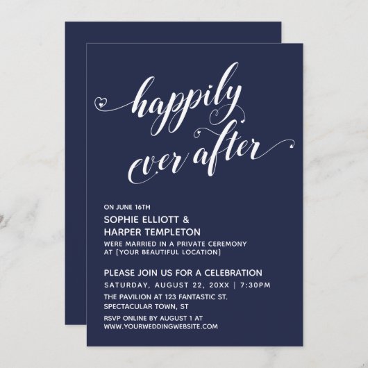 Happily Ever After Hearts Script Navy Ontvangst Kaart (Voorkant / Achterkant)