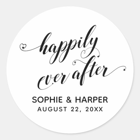 Happily Ever After Hearts-script zwart-wit Ronde Sticker (Voorkant)