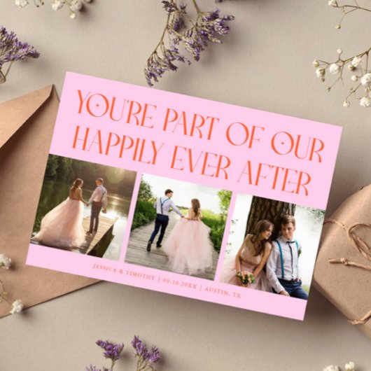 Happily Ever After Orange Pink Wedding Photo Bedankkaart