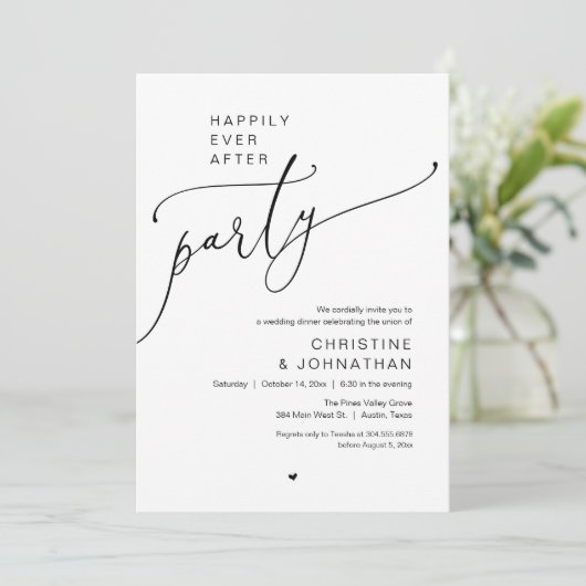 "Happily Ever After Party" Modern Wedding Dinner Kaart (Staand voorkant)