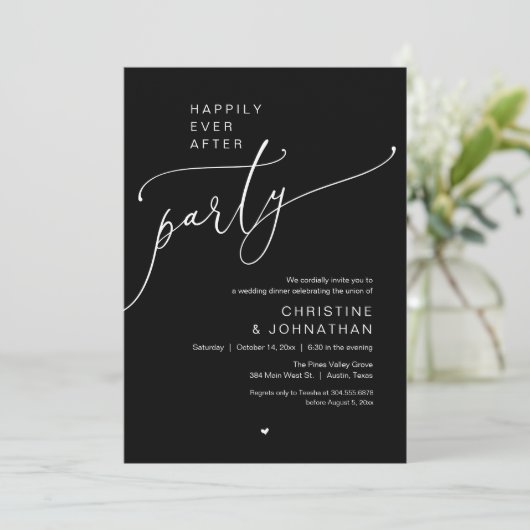 "Happily Ever After Party" Modern Wedding Dinner Kaart (Staand voorkant)