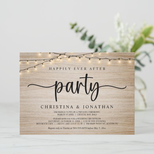 Happily Ever After Party, Rustic String Lights Wed Kaart (Staand voorkant)