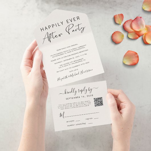 Happily Ever After QR-code Crème Bruiloftsreceptie All In One Uitnodiging