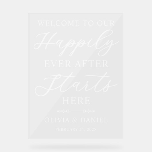 Happily Ever After Starts Here Wedding Welcome Acryl Bord (Voorkant)