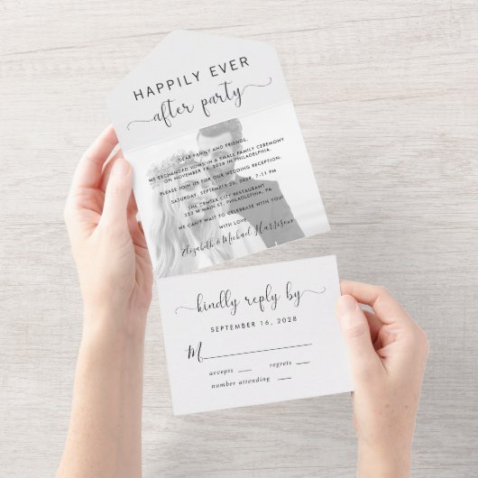 Happily Ever After Trouwfoto Zwart Wit All In One Uitnodiging (Afscheurbaar)
