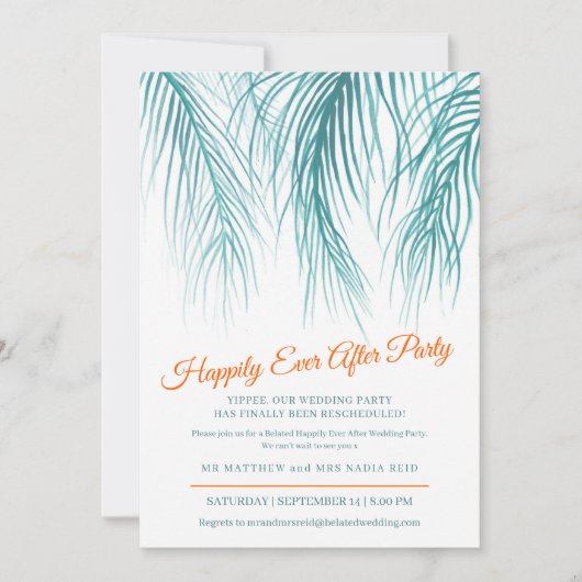 Happily Ever After turquoise palm na Bruiloftsfees Save The Date (Voorkant)