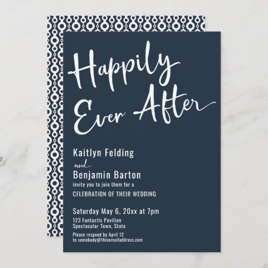 Happily Ever After Typography Vet Wit op Marinebla Kaart (Voorkant / Achterkant)