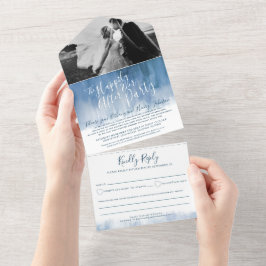 Happily ever after wedding party foto dusty blue all in one uitnodiging