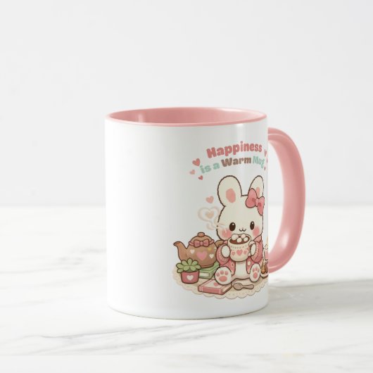 Happiness is a Warm Mug Cute Bunny Rabbit Pink Mok (Voorkant rechts)