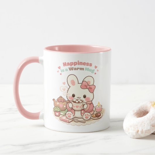 Happiness is a Warm Mug Cute Bunny Rabbit Pink Mok (Met donut)